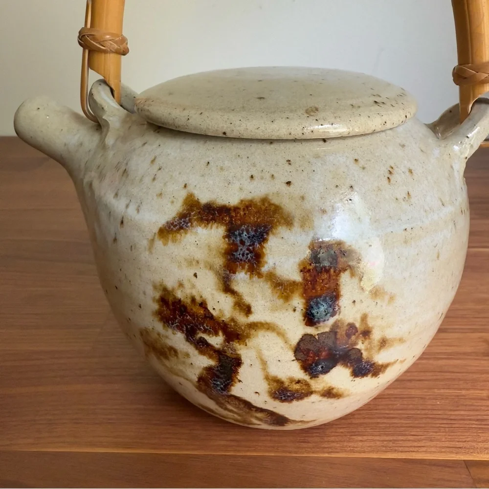 Vintage Japanese Hand Crafted Pottery Teapot w/Bamboo Handle, Signed